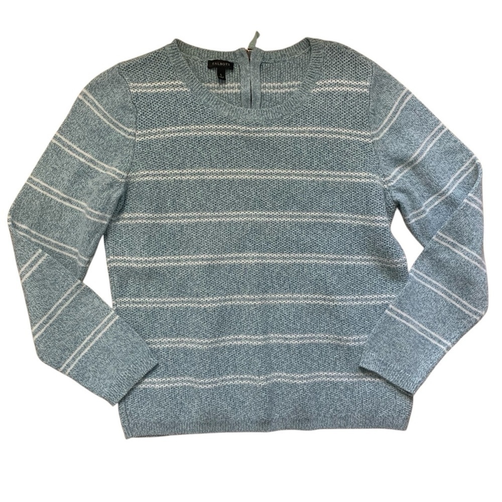 Talbots Sweater Light Blue Striped Knit Top Pullover Zip Back Womens Size Large